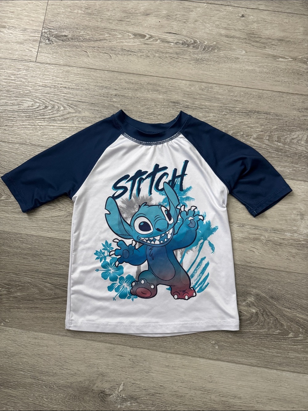 Disney Navy and White Stitch Swim Short Sleeve Rashguard Size 4/5